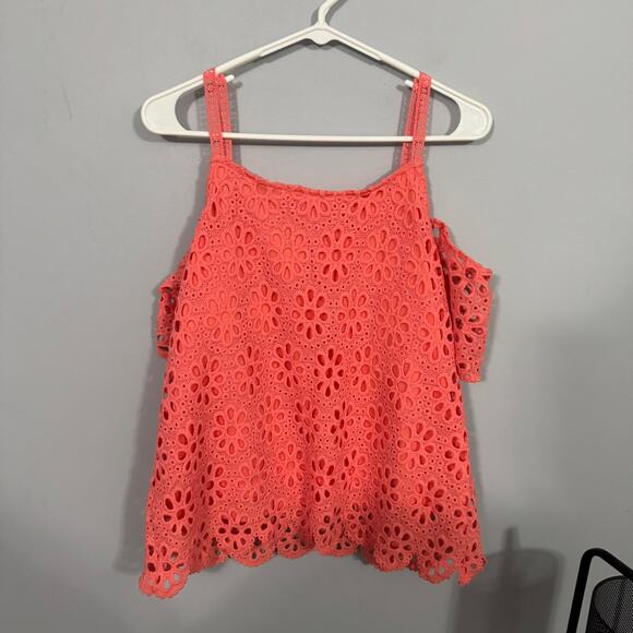 Maurices Coral Orange Cold Shoulder Top Eyelet Floral Design Women's Size Medium - Picture 2 of 8